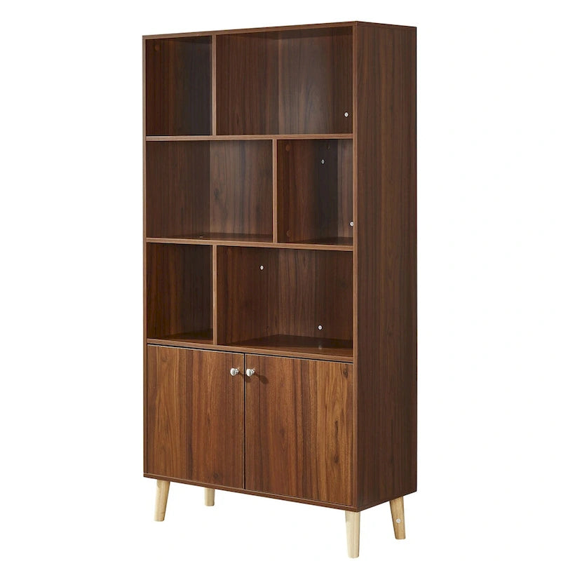 5-Tier Bookcase with 2 Cabinet Doors – Open Shelves & Closed Storage