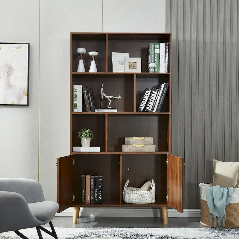 5-Tier Bookcase with 2 Cabinet Doors – Open Shelves & Closed Storage