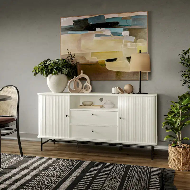 Curved Tambour Door Sideboard Buffet - Wood Grain Finish with Black Metal Legs