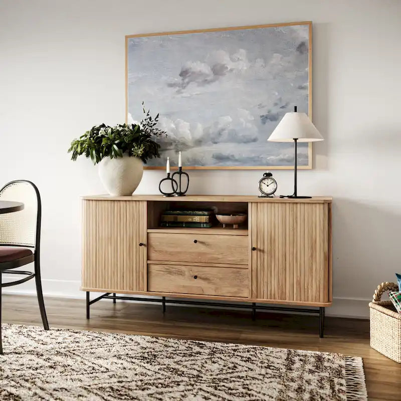 Curved Tambour Door Sideboard Buffet - Wood Grain Finish with Black Metal Legs