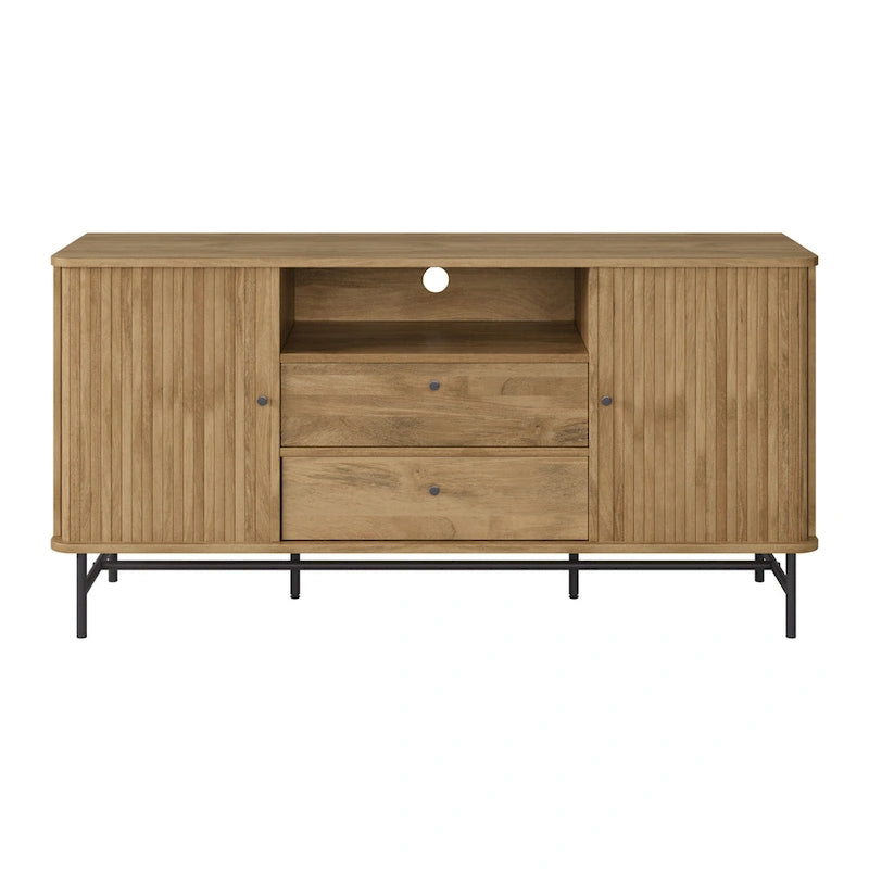 Curved Tambour Door Sideboard Buffet - Wood Grain Finish with Black Metal Legs