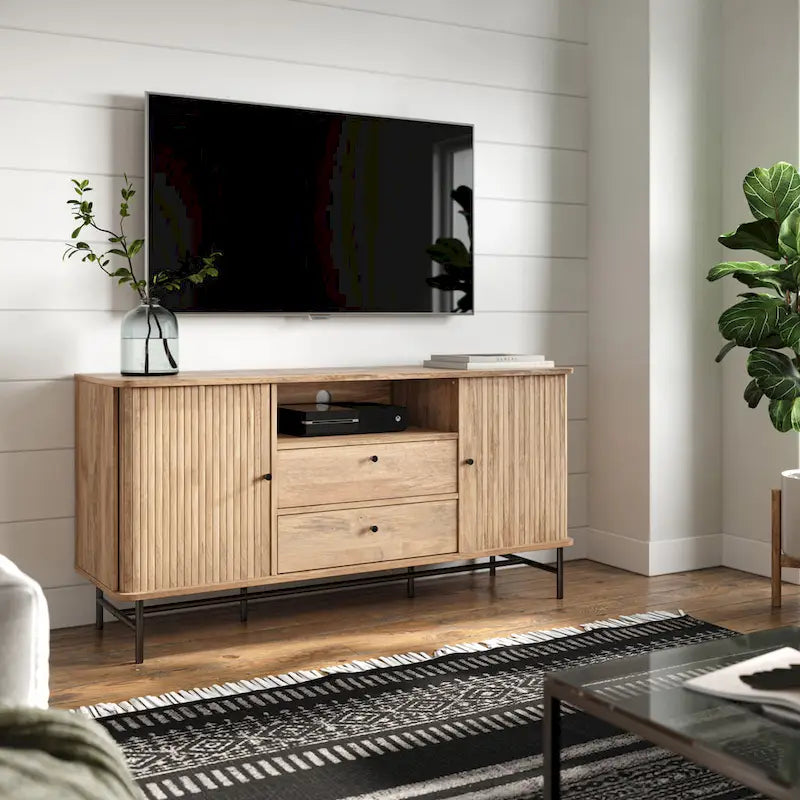 Curved Tambour Door Sideboard Buffet - Wood Grain Finish with Black Metal Legs