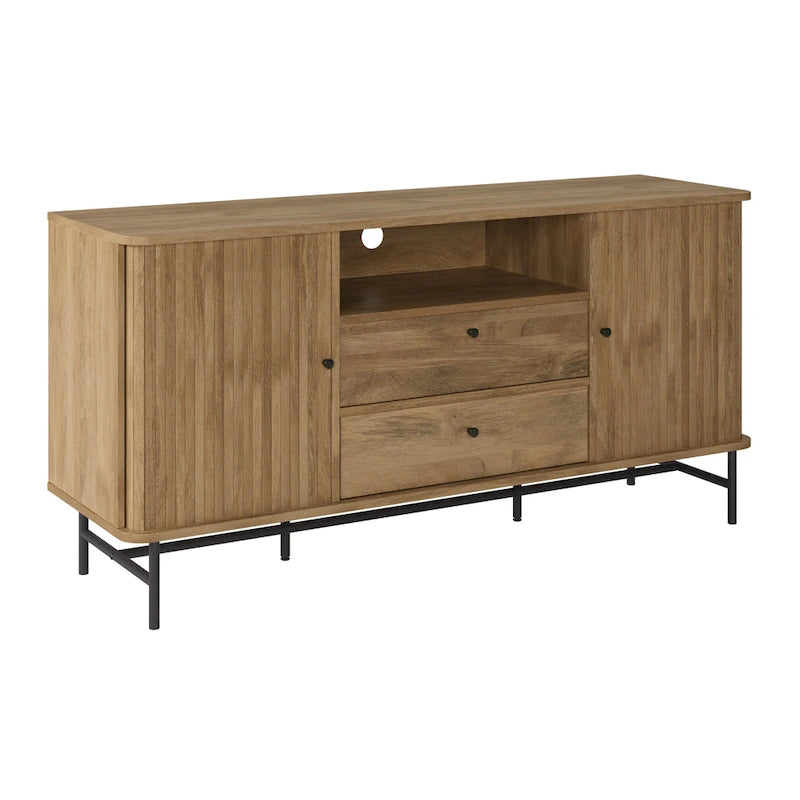 Curved Tambour Door Sideboard Buffet - Wood Grain Finish with Black Metal Legs