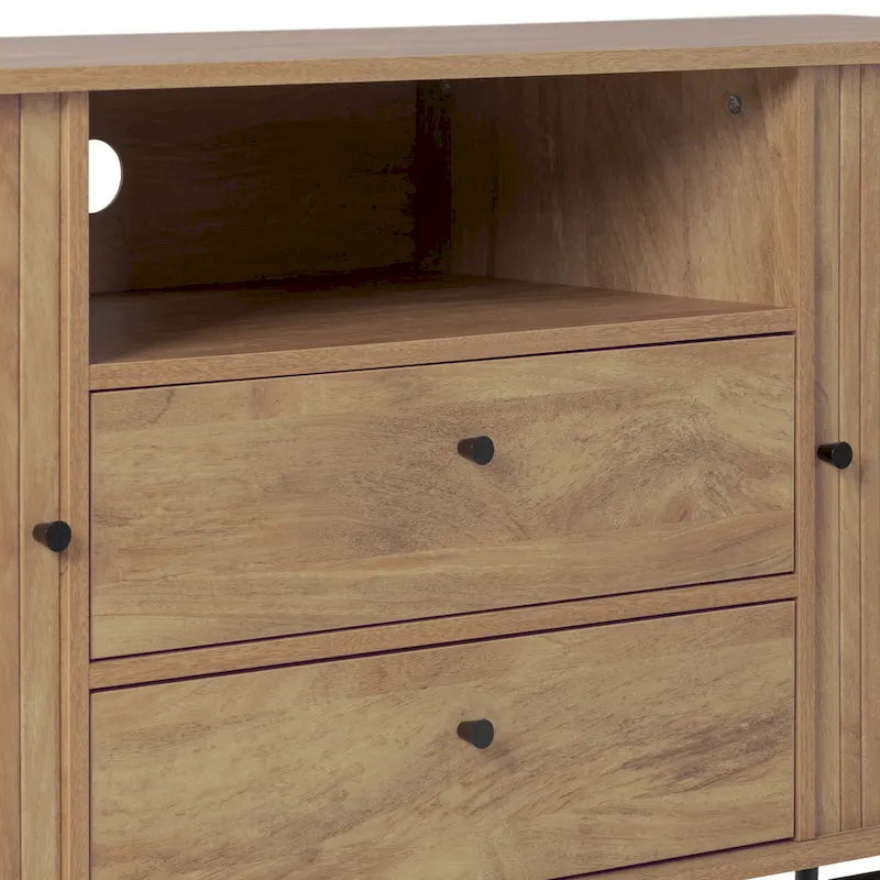 Curved Tambour Door Sideboard Buffet - Wood Grain Finish with Black Metal Legs