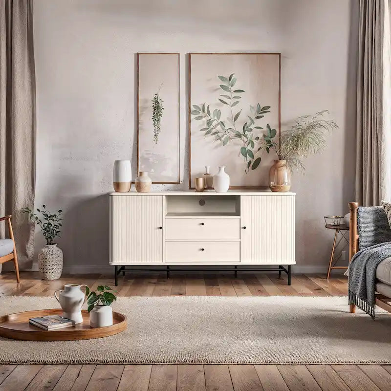 Curved Tambour Door Sideboard Buffet - Wood Grain Finish with Black Metal Legs