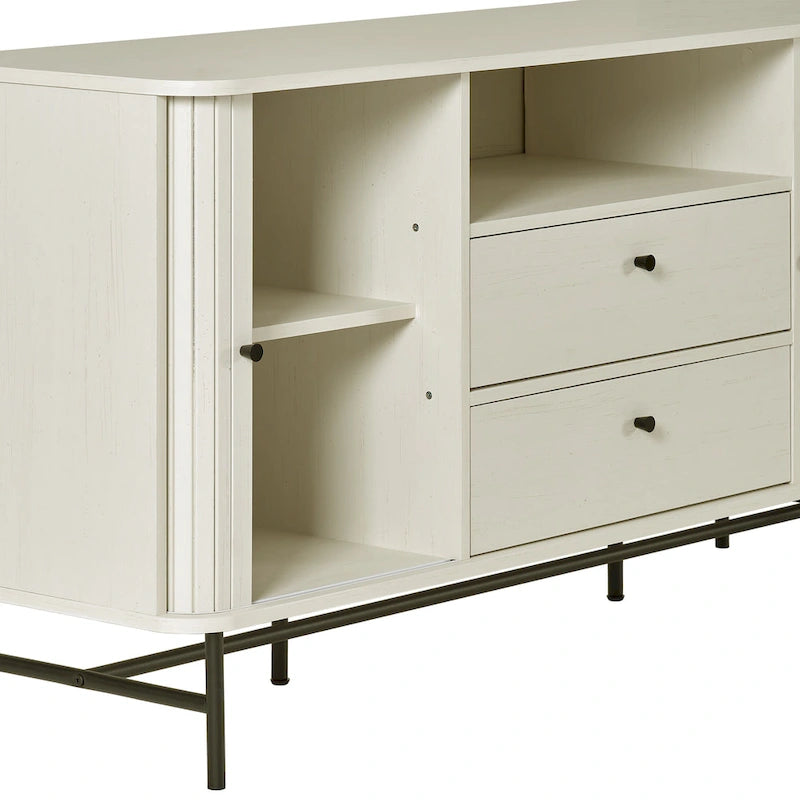 Curved Tambour Door Sideboard Buffet - Wood Grain Finish with Black Metal Legs