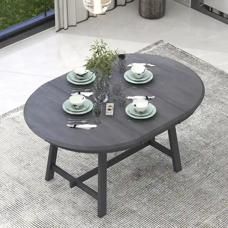 Round Extendable Dining Table with Rubberwood Legs – Retro Farmhouse Style