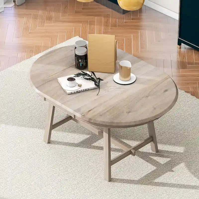Round Extendable Dining Table with Rubberwood Legs – Retro Farmhouse Style