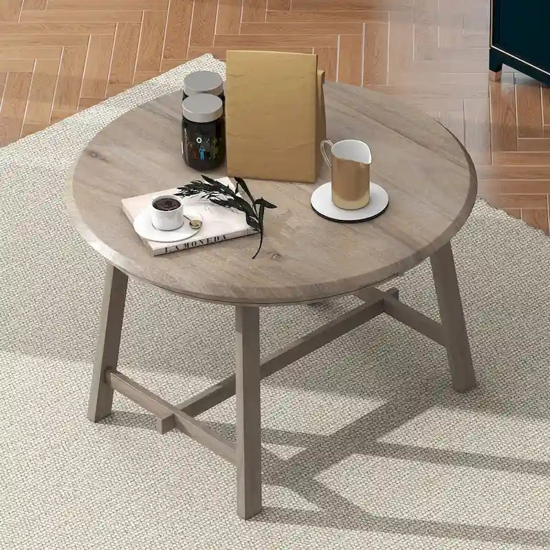 Round Extendable Dining Table with Rubberwood Legs – Retro Farmhouse Style
