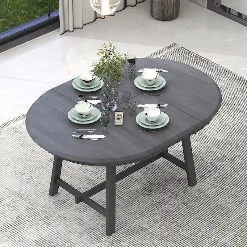 Round Extendable Dining Table with Rubberwood Legs – Retro Farmhouse Style