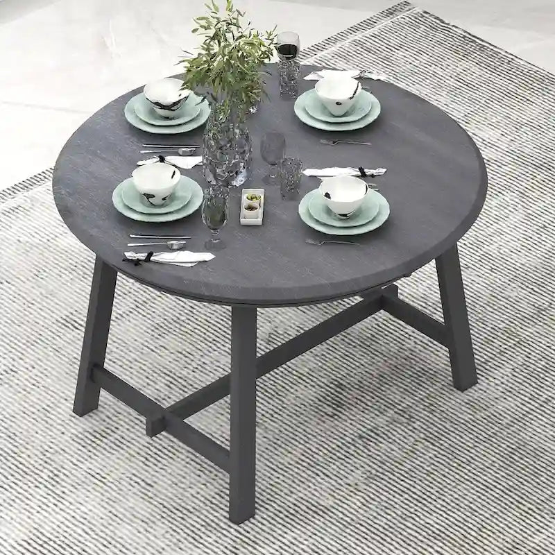Round Extendable Dining Table with Rubberwood Legs – Retro Farmhouse Style