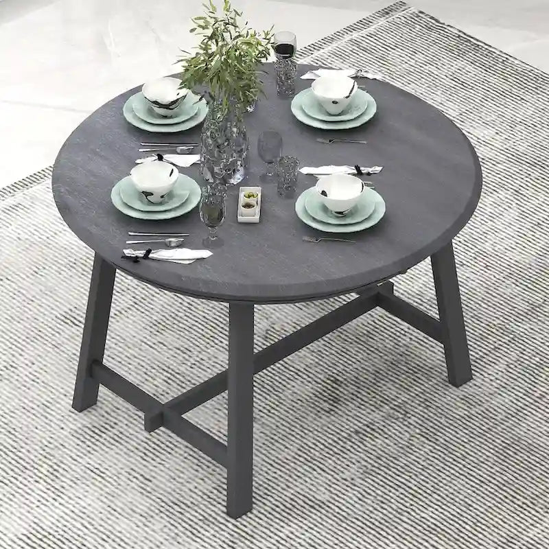 Round Extendable Dining Table with Rubberwood Legs – Retro Farmhouse Style