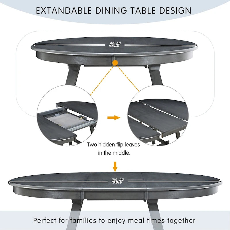 Round Extendable Dining Table with Rubberwood Legs – Retro Farmhouse Style