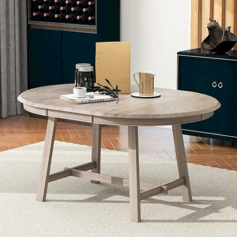 Round Extendable Dining Table with Rubberwood Legs – Retro Farmhouse Style