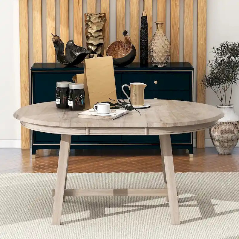 Round Extendable Dining Table with Rubberwood Legs – Retro Farmhouse Style