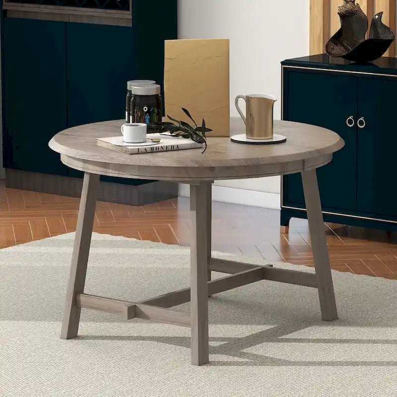 Round Extendable Dining Table with Rubberwood Legs – Retro Farmhouse Style