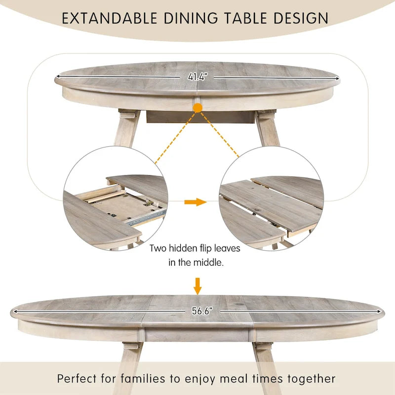 Round Extendable Dining Table with Rubberwood Legs – Retro Farmhouse Style