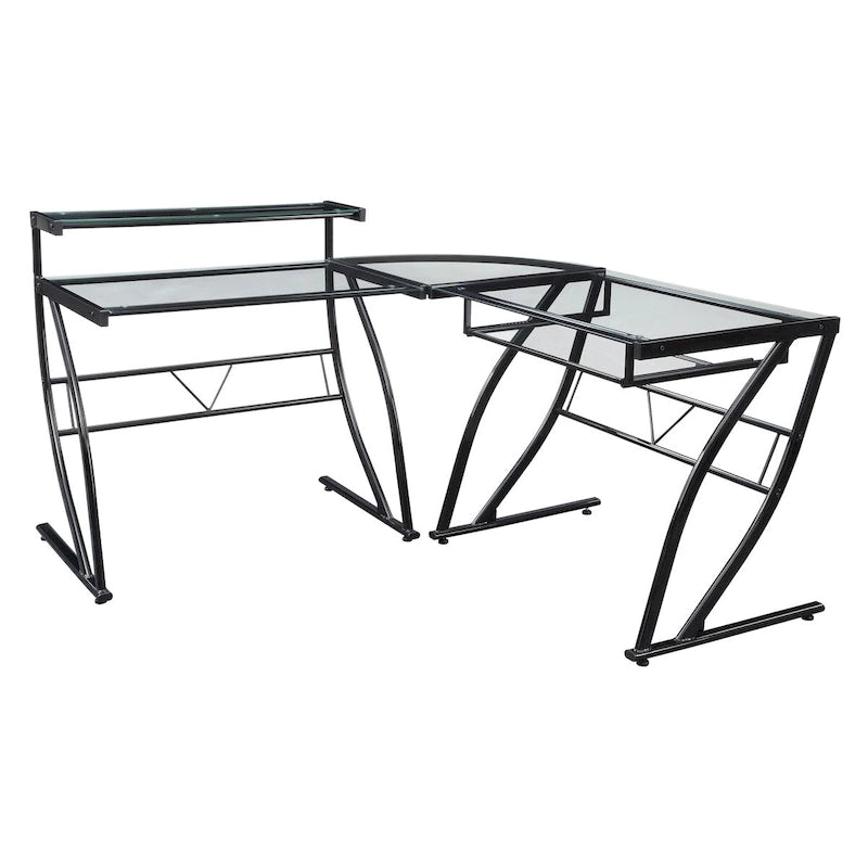 L-Shaped Tempered Glass Gaming & Home Office Desk with Monitor Shelf & Keyboard Tray