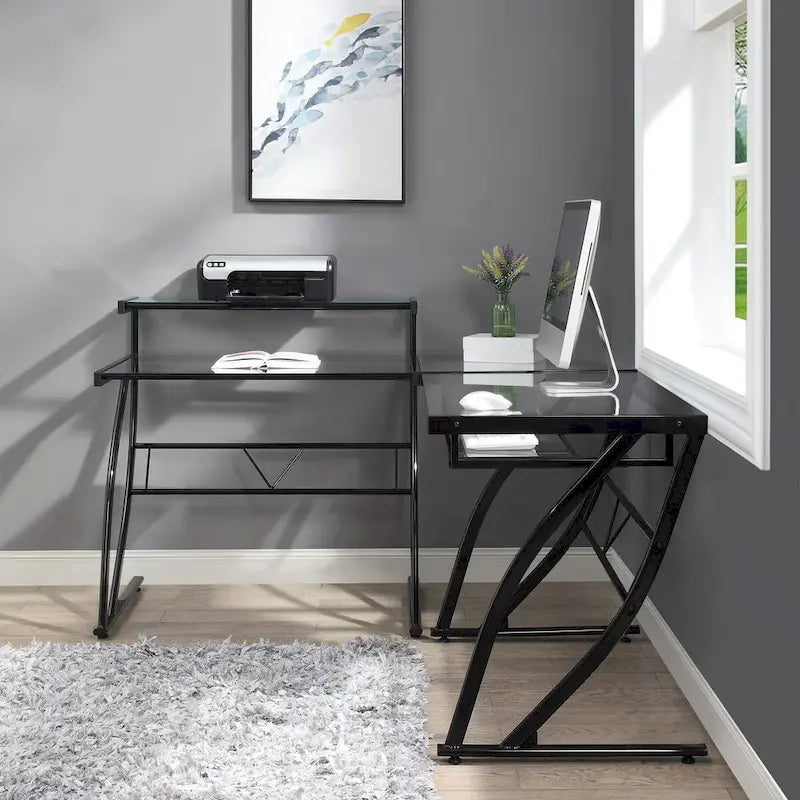 L-Shaped Tempered Glass Gaming & Home Office Desk with Monitor Shelf & Keyboard Tray