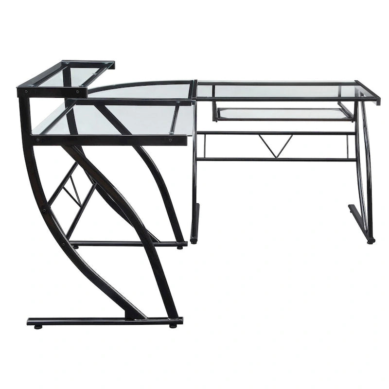 L-Shaped Tempered Glass Gaming & Home Office Desk with Monitor Shelf & Keyboard Tray
