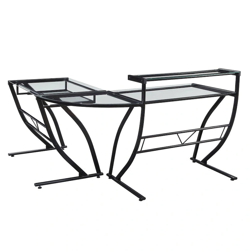 L-Shaped Tempered Glass Gaming & Home Office Desk with Monitor Shelf & Keyboard Tray