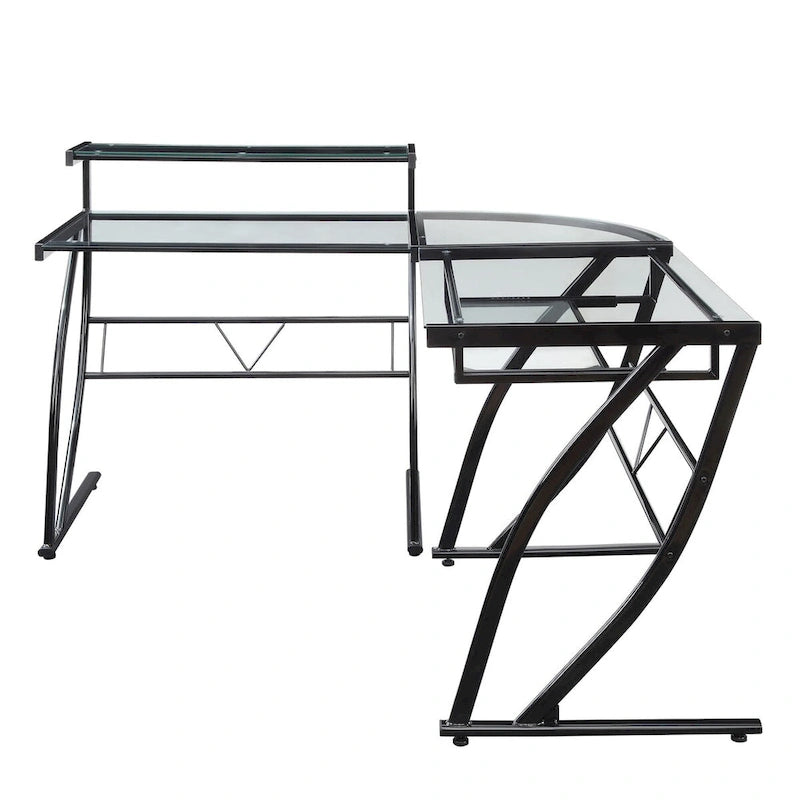 L-Shaped Tempered Glass Gaming & Home Office Desk with Monitor Shelf & Keyboard Tray