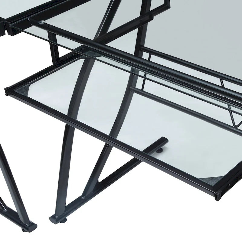 L-Shaped Tempered Glass Gaming & Home Office Desk with Monitor Shelf & Keyboard Tray