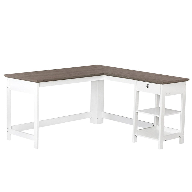 59" L-Shaped Corner Desk - White & Driftwood Farmhouse Style