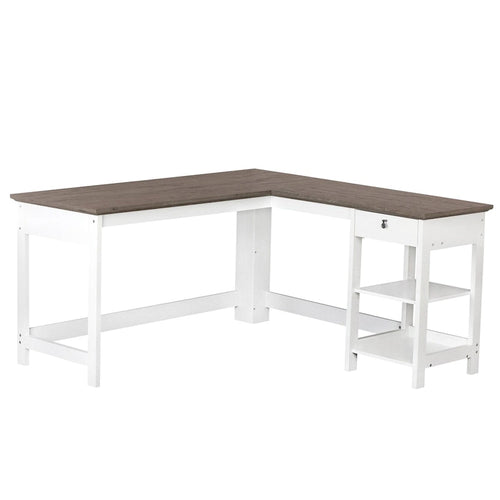 Bureau d'angle en L de 150 cm - Style Ferme Blanc et Bois Flotté