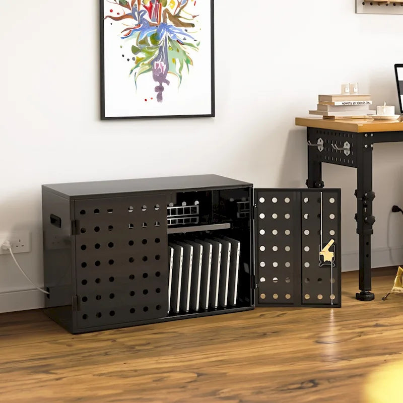 Large Capacity Steel Device Charging Storage Cabinet with Lock, Vented Doors & Adjustable Dividers