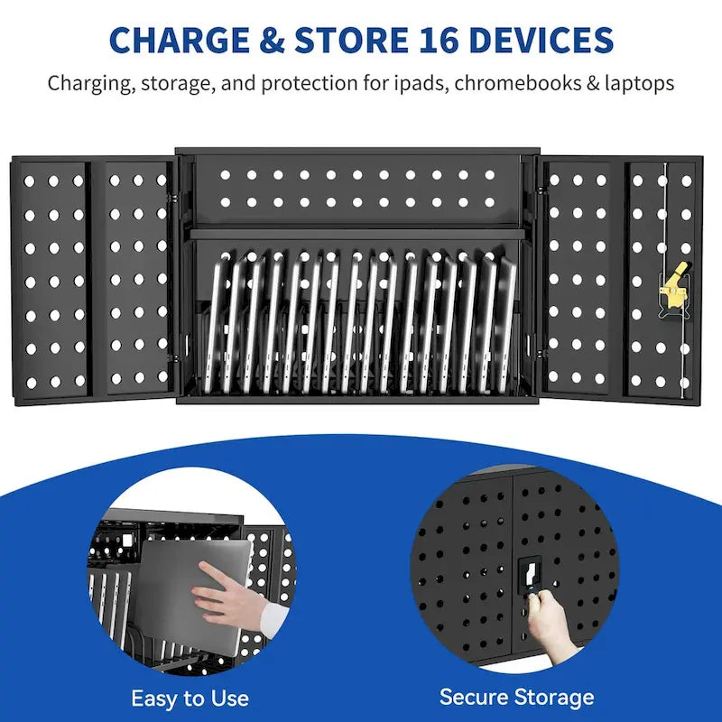 Large Capacity Steel Device Charging Storage Cabinet with Lock, Vented Doors & Adjustable Dividers