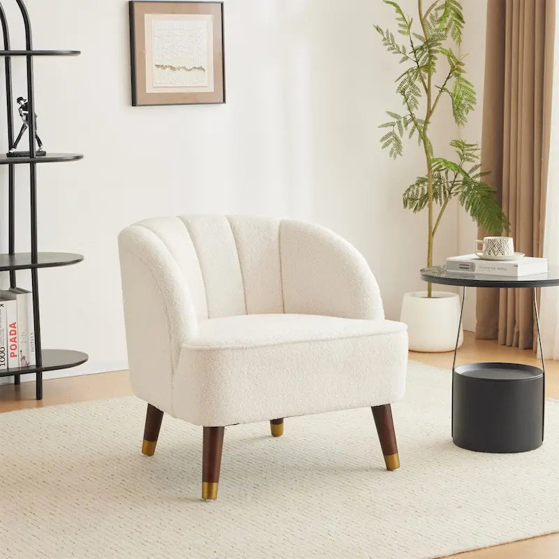 Barrel Velvet Accent Chair with Tufted Curved Back & Rubberwood Legs - Mid-Century Modern