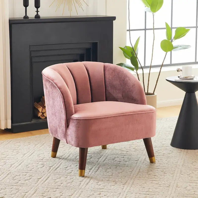 Barrel Velvet Accent Chair with Tufted Curved Back & Rubberwood Legs - Mid-Century Modern