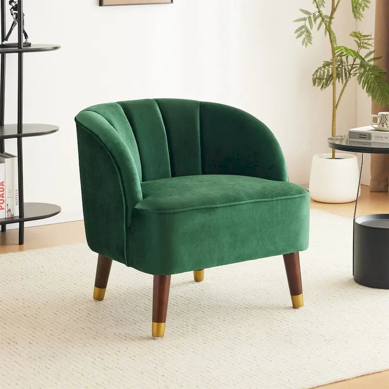 Barrel Velvet Accent Chair with Tufted Curved Back & Rubberwood Legs - Mid-Century Modern