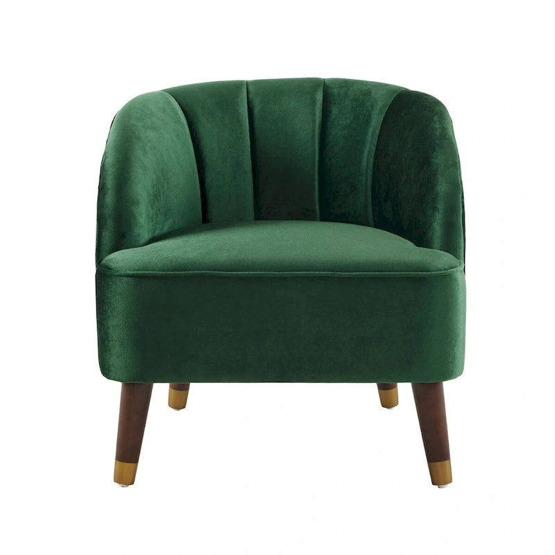 Barrel Velvet Accent Chair with Tufted Curved Back & Rubberwood Legs - Mid-Century Modern