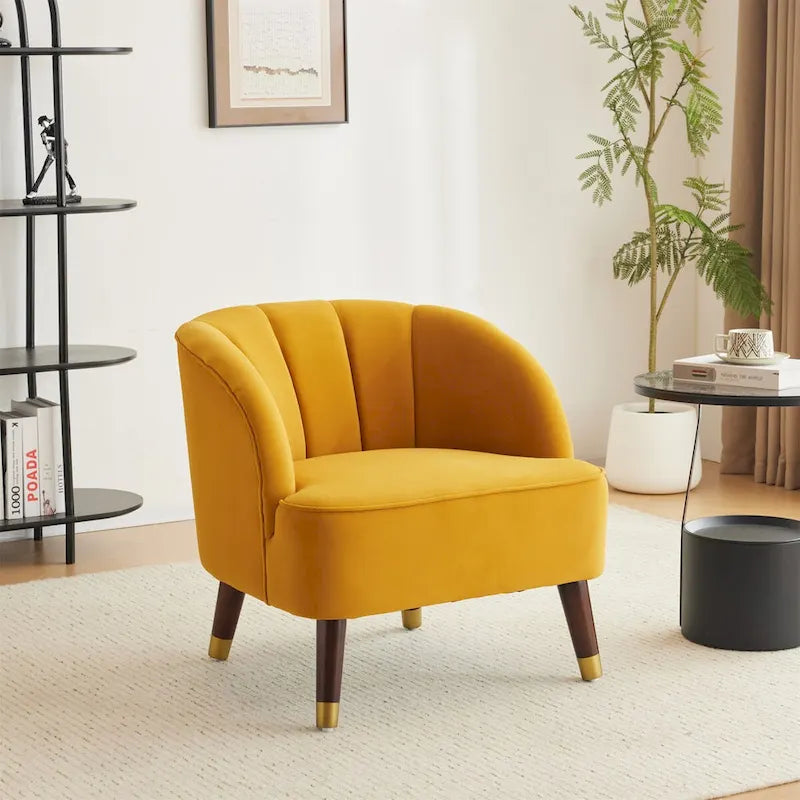 Barrel Velvet Accent Chair with Tufted Curved Back & Rubberwood Legs - Mid-Century Modern