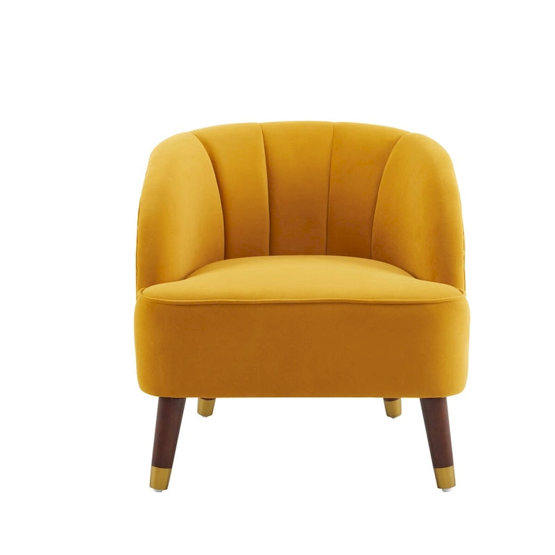 Barrel Velvet Accent Chair with Tufted Curved Back & Rubberwood Legs - Mid-Century Modern