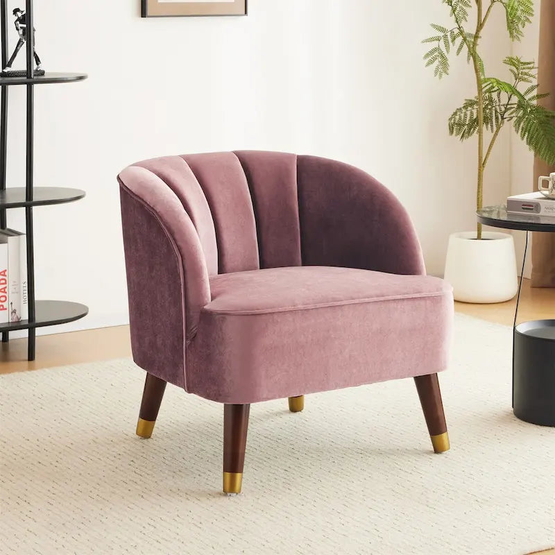 Barrel Velvet Accent Chair with Tufted Curved Back & Rubberwood Legs - Mid-Century Modern