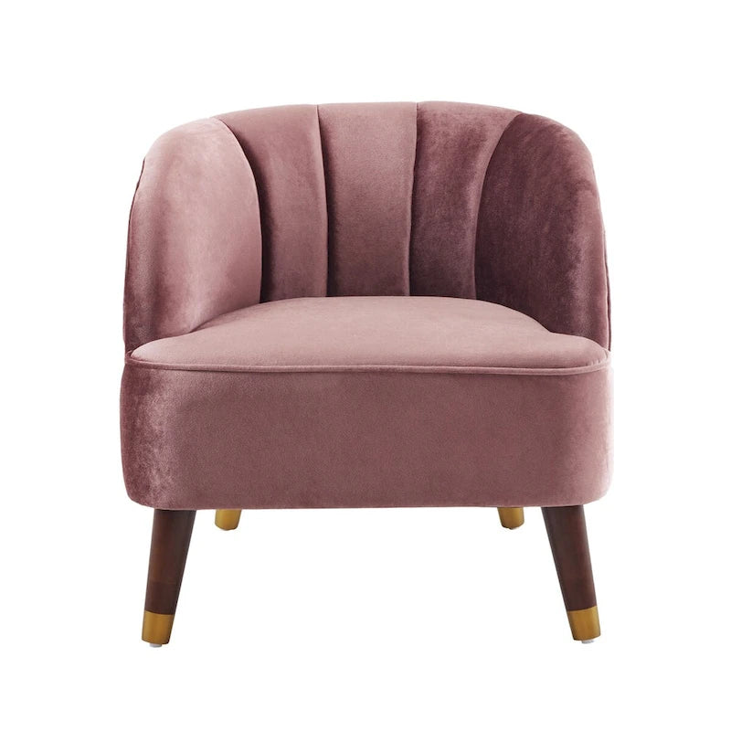 Barrel Velvet Accent Chair with Tufted Curved Back & Rubberwood Legs - Mid-Century Modern